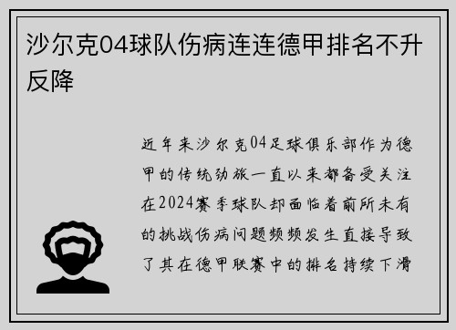 沙尔克04球队伤病连连德甲排名不升反降
