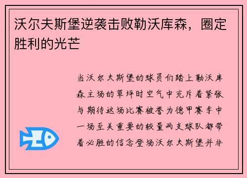 沃尔夫斯堡逆袭击败勒沃库森，圈定胜利的光芒
